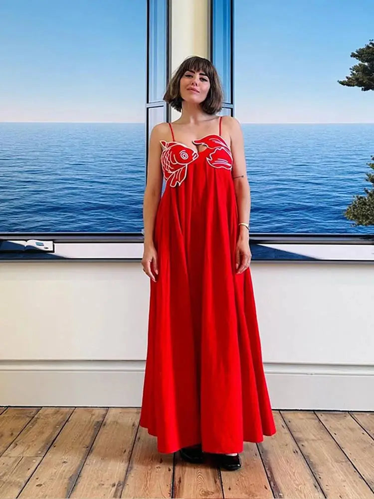 Realmefit  Summer Chic Red Fish Top Party Maxi Dress For Women Sexy Sling High Waist Ceremony Robe 2024 Holiday Lady Street Vestidos