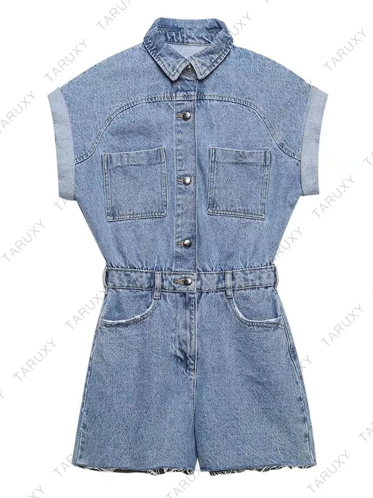 Realmefit   Lapel Pocket Denim Jumpsuit Women Sexys Short Sleeve Slim Bodycon Ropa De Mujer Casual Overalls One Piece Womens Clothing