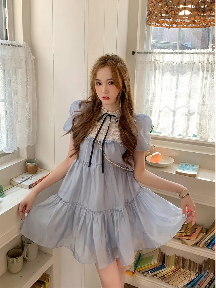 Realmefit   Summer Sweet Elegant Dress Women Puff Sleeve Kawaii Lolita Mini Dress Female Fairy Even Party One Piece Dress Korean Chic