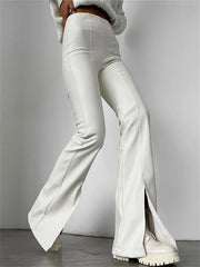 Realmefit    New PU Leather Spilt Out Flared Pants Casual White Slim High Waist Trousers Wide Leg Pants For Women Spring