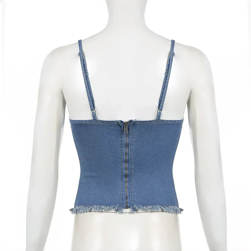 REALMEFIT  -  Denim Corset Bustier Top Women Bow Lace Trim Low Cut Sexy Tank Tops Tops Woman 2024 Summer High Quality P67-DD20