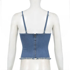 REALMEFIT  -  Denim Corset Bustier Top Women Bow Lace Trim Low Cut Sexy Tank Tops Tops Woman 2024 Summer High Quality P67-DD20