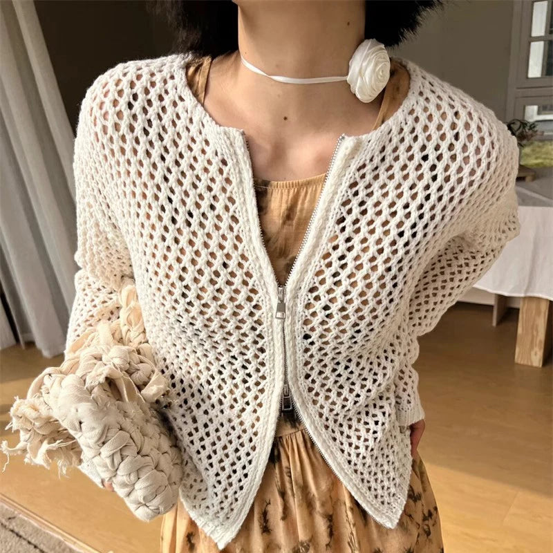 REALMEFIT  -  Streetwear Hollow Out Knitted Tops Long Sleeve Korean Fashion Double Zipper Cardigan Women Sweater Knitwear Y2k Chic