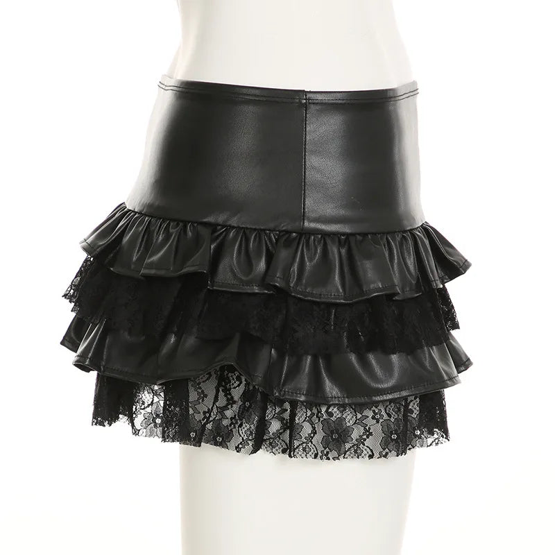 REALMEFIT  -  Lace Spliced Faux Leather Skirt Women Gothic Punk Black Low Waist Ruffle Mini Skirts Y2k Emo Clothes P84-BI20