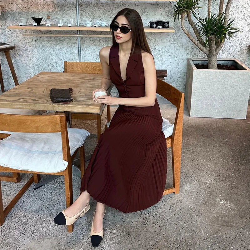 Realmefit  Summer New Pleated Skirt Suit For Women Slim Sleeveless Short Vest Top Solid Long Skirt High Waist Fashion Two Pieces Set