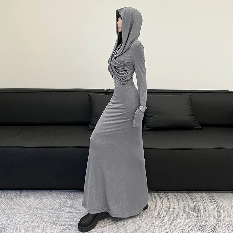 REALMEFIT  -  Cross Hooded Long Sleeve Maxi Dress 2024 Women Elegant Sexy Autumn Winter Long Dresses