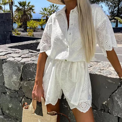 REALMEFIT  -  Ladies Fashion Lace Up Holiday Romper New Summer White Casual Lapel Shorts Playsuits Sexy Lace Embroidered Hollow Shirt Jumpsuit