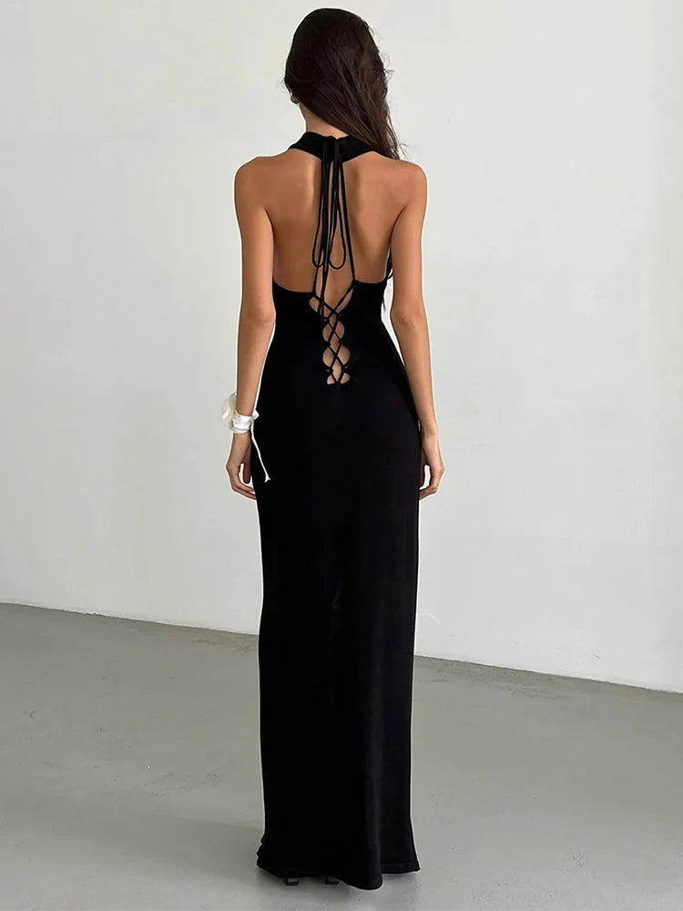 Realmefit   Knitted Bandage Backless Maxi Dress For Women Sexy Side Split Sleevelss Elegant Slim Hip Wrap Party Evening Dress Women