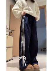 Realmefit  Y2K Fleece Sweatpants with Bow Women Korean Style Winter Ribbon Brushed Pants Oversize Harajuku Striped Jogger Trousers