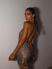 Realmefit  Sexy Skinny Sequinned Backless Halter Party Mini Dress Women Luxury Swinging Neck Bodycon Dresses Female Midnight Club Vestidos