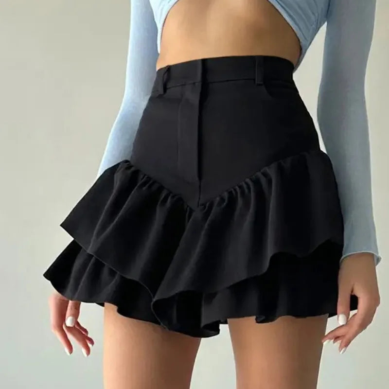 Realmefit   Ruffles Slim Skirts Women   Black Temperament High Waist Skirt Femme Street Casual Folds Splice Elegant Skirt Ladies