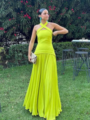 Realmefit  Chic Backless Pleated Halter Maxi Dress For Women Chic Off Shoulder Party Vestidos 2024 Autumn Female Elegant Evening Robe