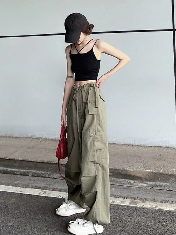 Realmefit   Hip Hop Retro Green Cargo Pants Women Y2K Harajuku Oversize Wide Leg Black Parachute Trousers Female Vintage Streetwear