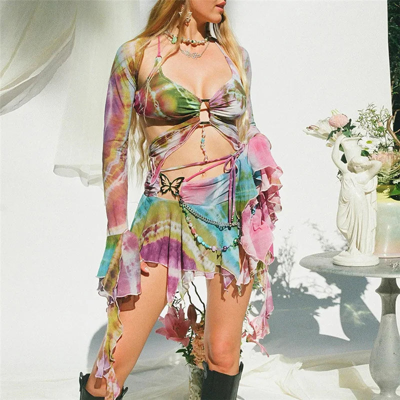 Realmefit Women 3Pcs Y2K Summer Mesh Sheer Butterfly Tie Dye Print Outfits Long Sleeve Shrug+Vest Top+Irregular Mini Skirt Set