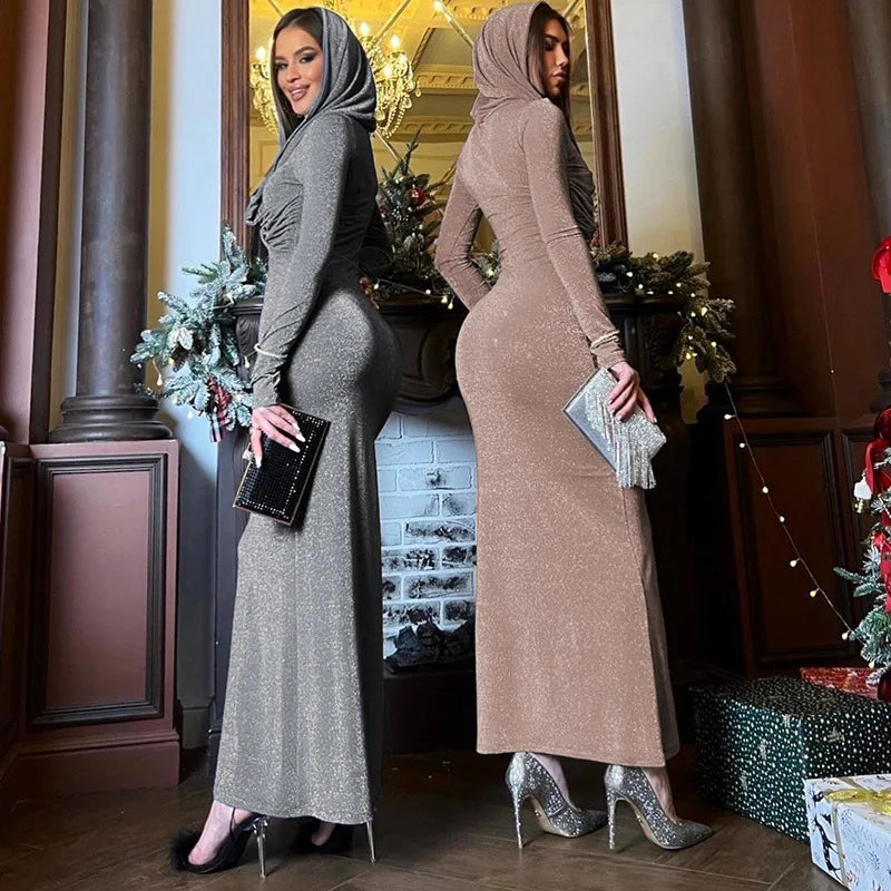 REALMEFIT  -  Cross Hooded Long Sleeve Maxi Dress 2024 Women Elegant Sexy Autumn Winter Long Dresses