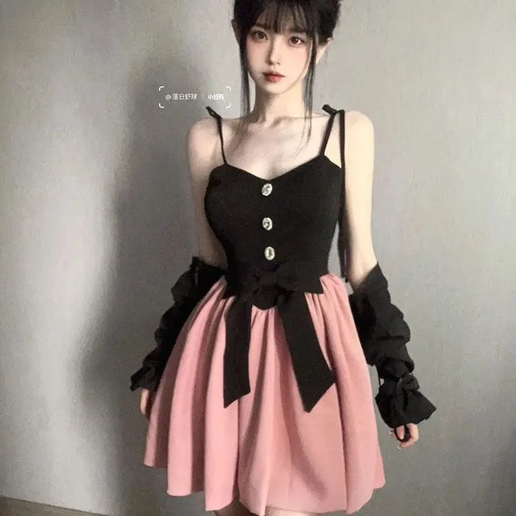 Realmefit  Y2k Black Long Sleeve Cardigans Women+ Fashion Sweet Slim Waist Bow Strap Dresses Autumn New Two Piece Sets