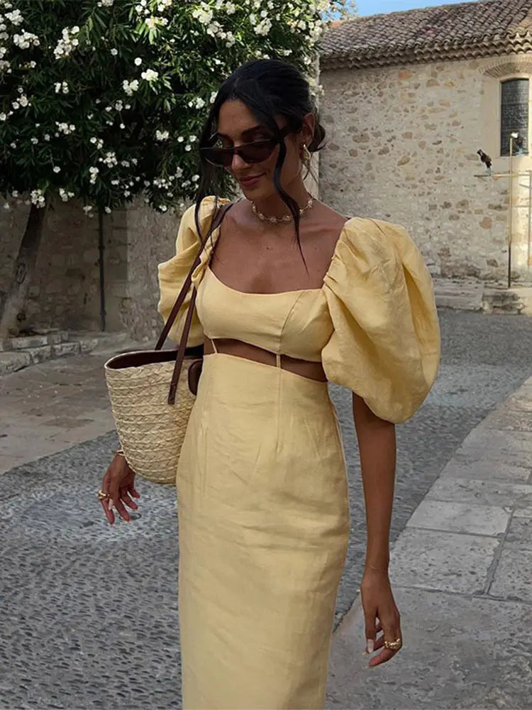 Realmefit  Chic Slim Fit Puff Sleeve Women's Yellow Dress Elegant Hollow Square Neck Long Dresses Lady Summer Casual Street Vestidos