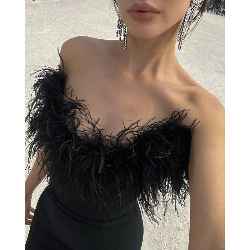 REALMEFIT  -  Feather Backless Long Maxi Dress Elegant Sexy Cocktail Dresses for Women Party Evening Gown Black White C66-DC29