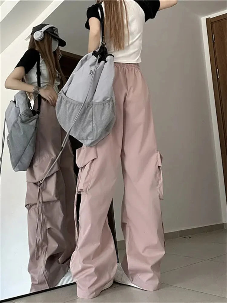 Realmefit  Y2K Cargo Pants Woman Streetwear Hip Hop Black Parachute Trousers Oversized American Retro Korean Pink Baggy Sweatpants