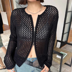 REALMEFIT  -  Streetwear Hollow Out Knitted Tops Long Sleeve Korean Fashion Double Zipper Cardigan Women Sweater Knitwear Y2k Chic