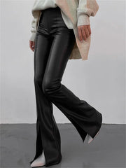 Realmefit    New PU Leather Spilt Out Flared Pants Casual White Slim High Waist Trousers Wide Leg Pants For Women Spring