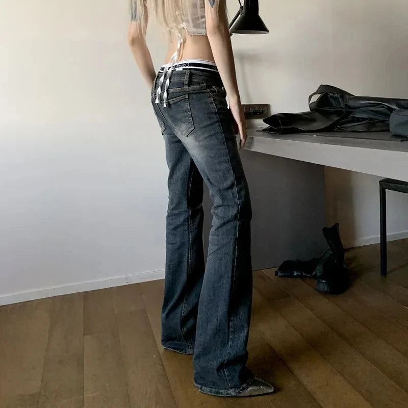 REALMEFIT  -  Vintage Y2k Distressed jeans Trashy 2000s Grunge Flare Jeans Korean Popular Denim Pant American Retro Streetwear 90s