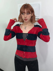 REALMEFIT  -  Y2k Harajuku Striped Cardigan Sweater Women Japanese Fashion Gothic Streetwear Long Sleeved Slim Red Cardigan Halloween