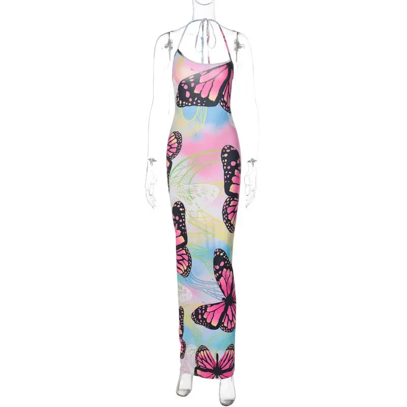 REALMEFIT  -  Y2k Butterfly Print Backless Halter Maxi Dresses Hot Sexy Birthday Outfits Nice Dress for Woman  Clubwear C70-CZ27