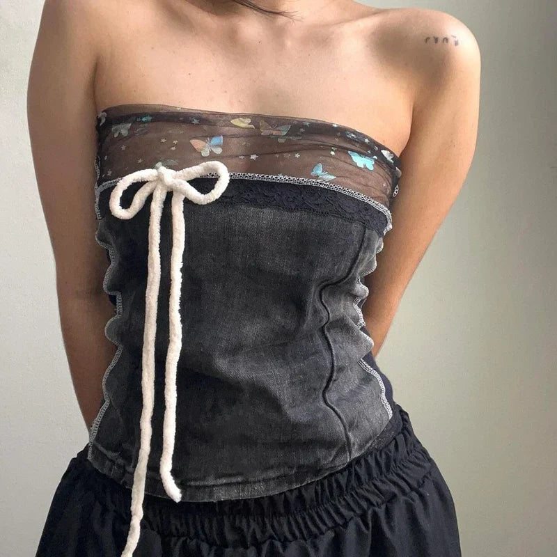 OKLULU  - Retro Off Shoulder Short Top 2024 Summer New Bow Lace Print Slim Fit Women Vest Hot Girl Casual Sleeveless Denim Tops