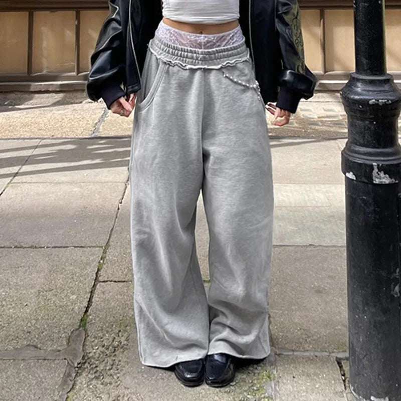 REALMEFIT  -  Baggy Y2k Grey Sweatpants Woman Casual Vintage Streetwear Wide Leg Pants Sports High Waist Floor Length Basic Trousers