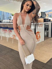 Realmefit   Hollow Out Knit V-Neck Maxi Dress Female See-Through Lace-Up Sexy High Waist Beach Holiday Dress Women Knitwear Long Dress