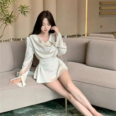 Realmefit French Style Retro Solid Color Women Chiffon Shirt Fashion New Pleated Long Sleeve Blouses Female Slim Tie Up Clothes Chic