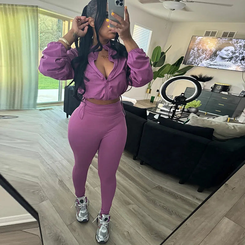 REALMEFIT  -  Autumn Women 2 Piece Set Casual Tracksuit Zipper Thin Drawstring Jacket Leggings Matching Streetwear Sporty Suit