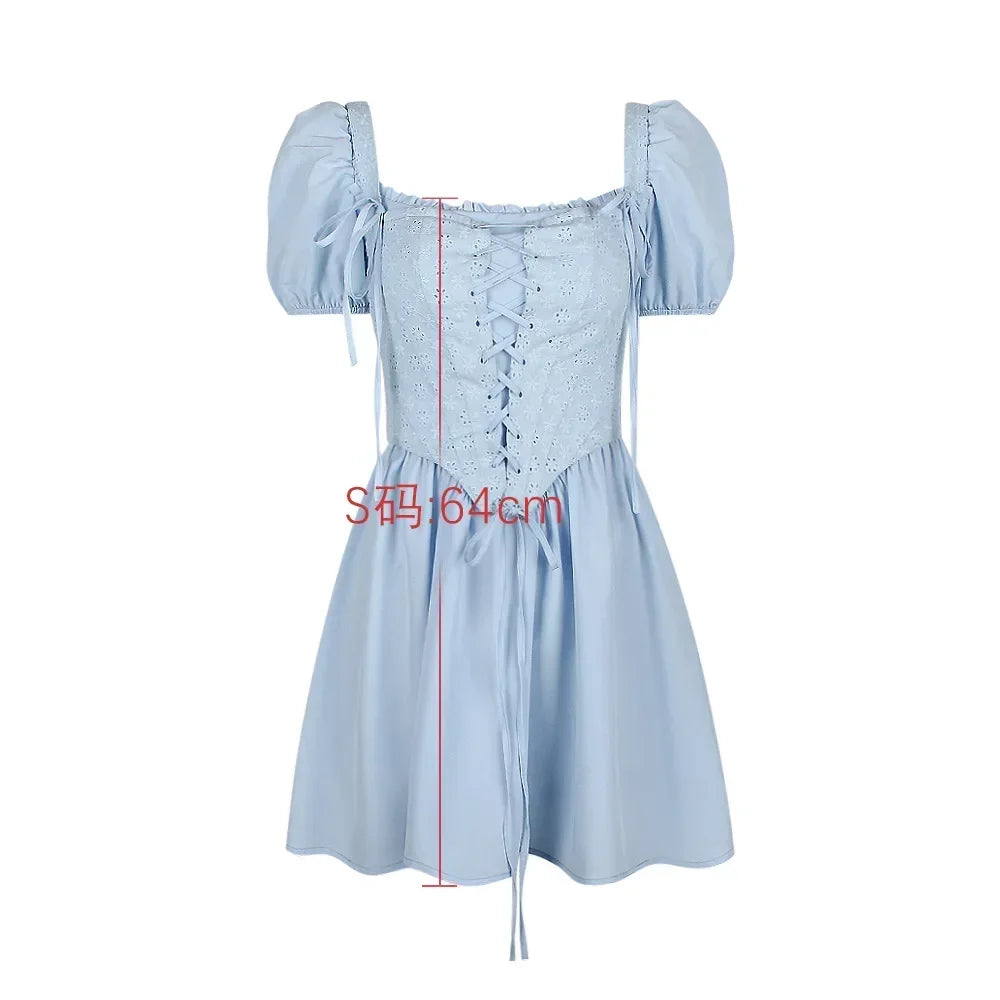 REALMEFIT  -  Summer Blue Puff Sleeve Corset Dress Mini Elegant A Line Lace Up Holiday Party Dress Square Neck Women Dress