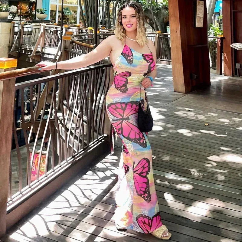 REALMEFIT  -  Y2k Butterfly Print Backless Halter Maxi Dresses Hot Sexy Birthday Outfits Nice Dress for Woman  Clubwear C70-CZ27