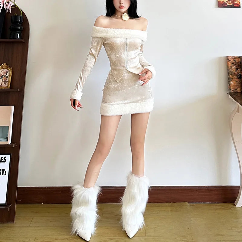 REALMEFIT  -  2 Piece Set Fluffy Faux Fur Mini Skirt Off Shoulder Zip Up Jacket Sexy Club Wear Outfits Women Winter Clothes P94-FA35