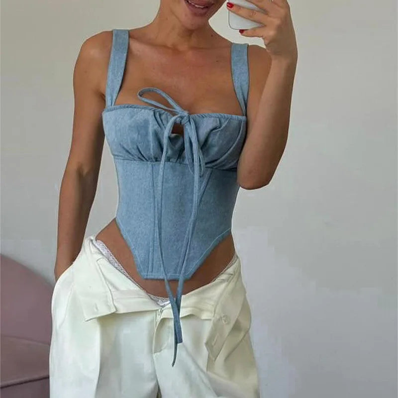 REALMEFIT  -  Summer Crop Tops Corsets Imitation Denim Bandage Y2K Clothing Skinny Camis Casual Backless Fashion Streetwear Top