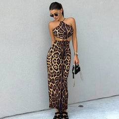 REALMEFIT  -  Leopard Print Maxi Dress For Women Halter Sleeveless Backless Bodycon Maxi Dresses Ladies Y2K Outfits Sexy Slipdress