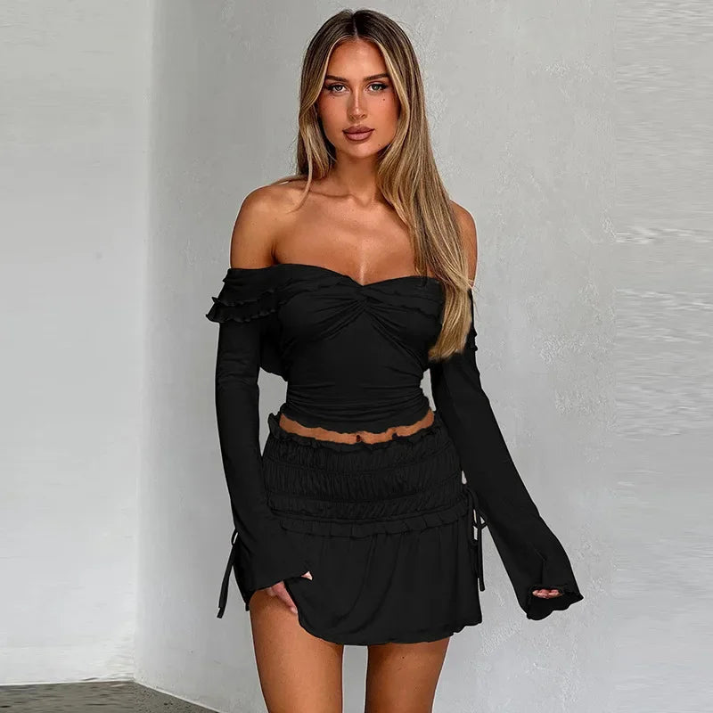 REALMEFIT  -  Sexy 2 Pieces Set Women Vacation Outfits Twisted Off Shoulder Long Sleeve Crop Top and Mini Skirt Fall 2024 C95-EE40