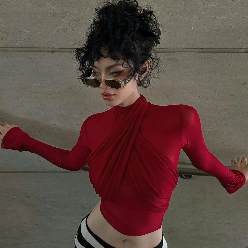 REALMEFIT  -  See Through Mesh Sexy Crop Tops Red Black Long Sleeve Tight Shirt Women Street Fashion Blouses P95-BF14