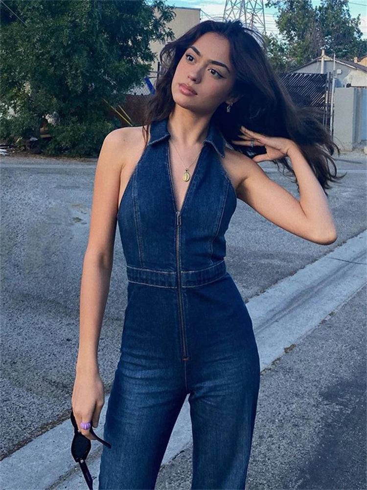 Realmefit  Y2k Denim Jumpsuit Women   New V-Neck Sleeveless Slim Bodycon Jumpsuits Overalls Streetwear One Piece Outfits Jeans