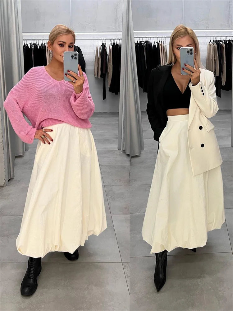 Realmefit Silk Satin White Maxi Skirt Long Ruffled Pleated Skirts Elegant Lantern Pants A-Line Silk Long Skirts For Women New