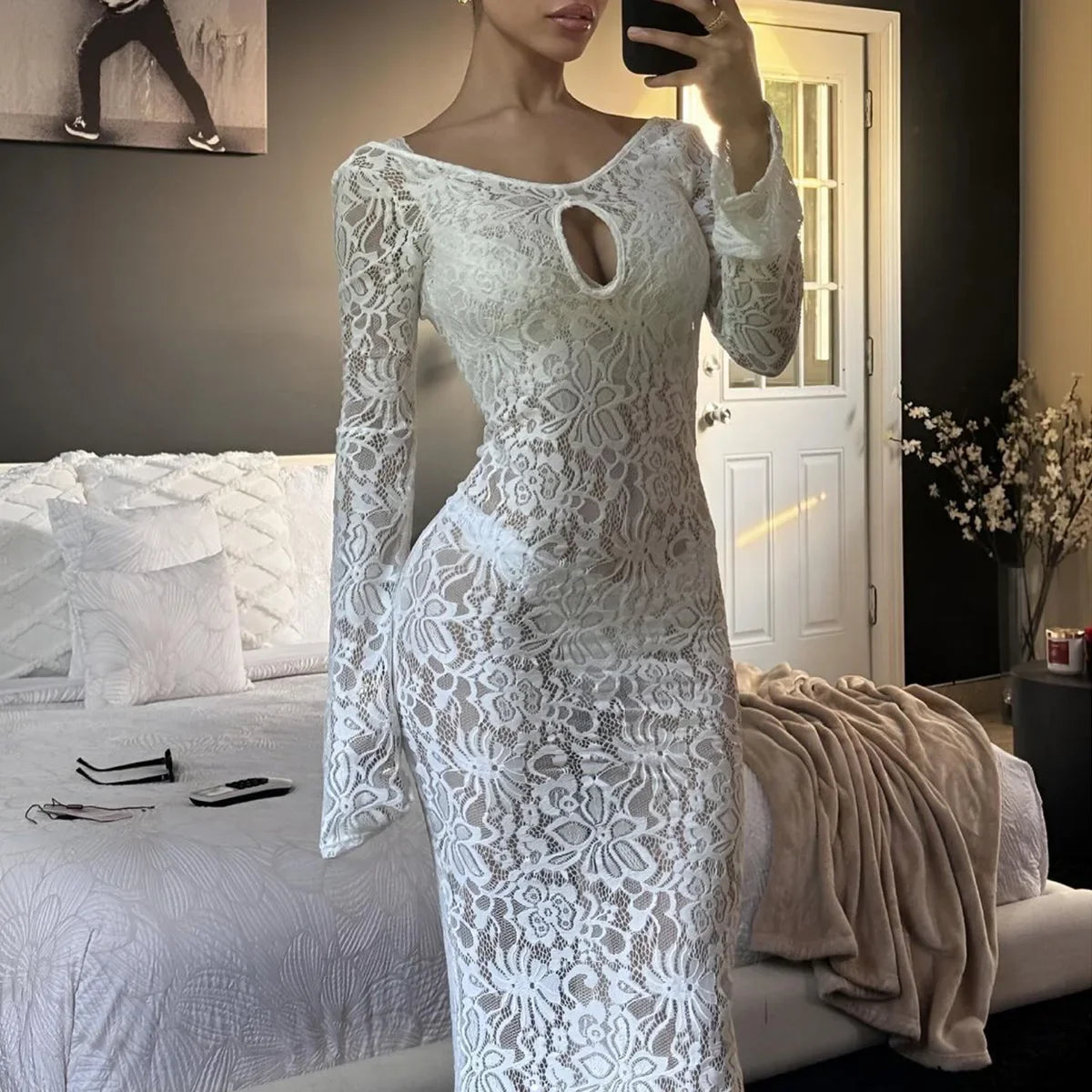 REALMEFIT  -  White Sexy Lace Hollow Long Sleeve Dress For Women See Through Maxi Dress Hot Girl Fashion Bodycon Backless Outfits Lady