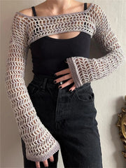 Realmefit   Hollow Out Knit Shrug Sweater Pullover Tops Summer Long Sleeve Mesh Knitwear Top Cropped Fishnet Crochet Shrug For Women