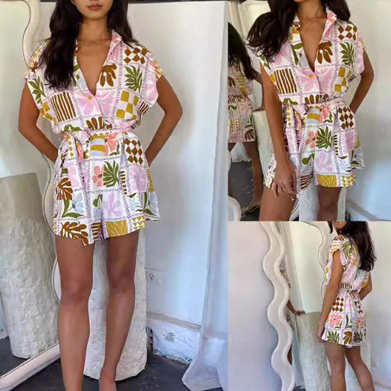 REALMEFIT  -  New Summer Women's Lapel Short Sleeved Loose Jumpsuit Elegant Button Beach Playsuit Casual Floral Print High Waist Shirt Romper