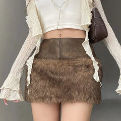 REALMEFIT  -  Brown Low Waist Mini Skirts Autumn Winter Fashion Furry Faux Fur Patchwork Faux Leather Skirt Women P67-CG16