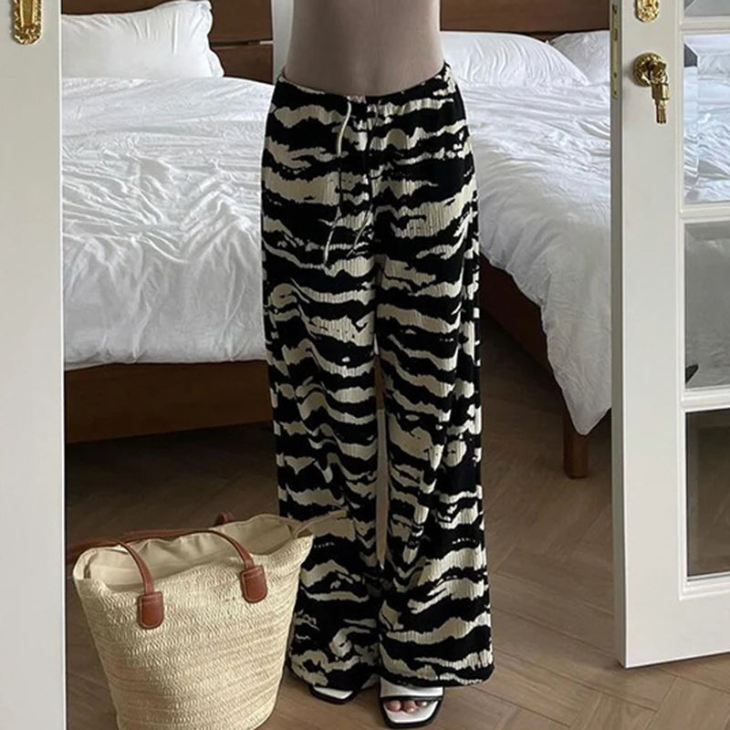 REALMEFIT  -  Zebra-striped Casual Pants Fashion Black White Contrast Color Knit Pants Loungewear Drawstring Straight Trousers Autumn