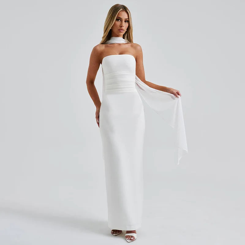 REALMEFIT  -  Elegant Tube Top Long Dress Female With Gloves Halter Neck Ribbon Three Pieces Sexy Backless Bodycon Gown Dresses Woman