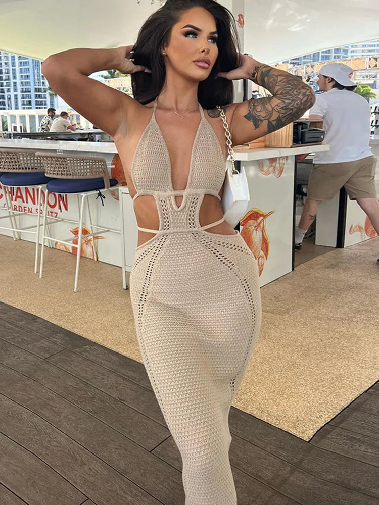 Realmefit   Hollow Out Knit V-Neck Maxi Dress Female See-Through Lace-Up Sexy High Waist Beach Holiday Dress Women Knitwear Long Dress