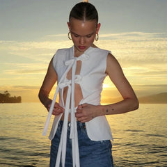 REALMEFIT  -   Lace-Up Sleeveless Blouse Woman Trend 2024 Slim White Summer Blouse Sexy Elegant Bow Tank Tops